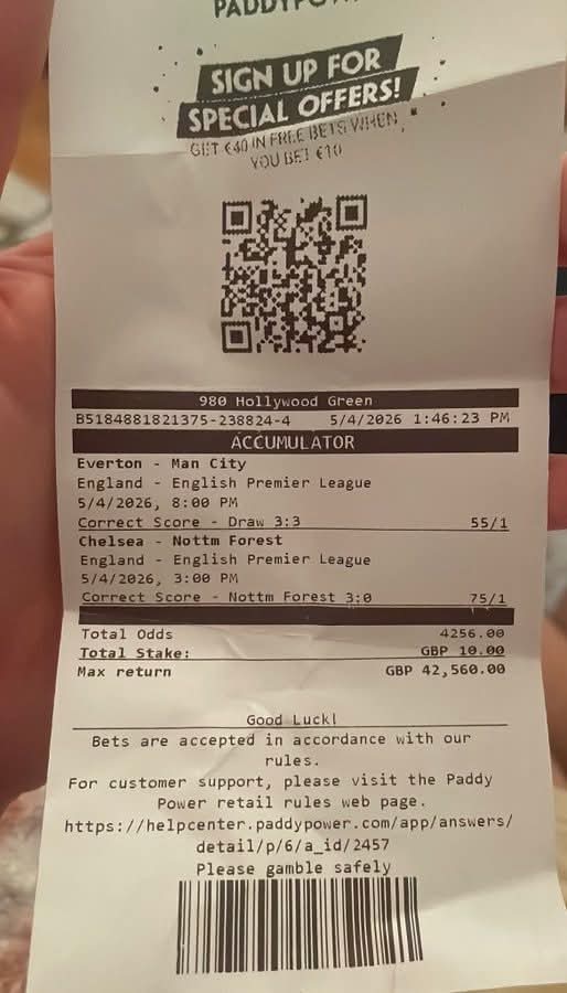 A printed Paddy Power betting slip from a north London branch on 4 May 2026. A £10 accumulator on two Premier League correct-score markets at combined odds of 4,256 to one, with a maximum return of £42,560 set in bold and a small-print safe-gambling footer at the bottom.
